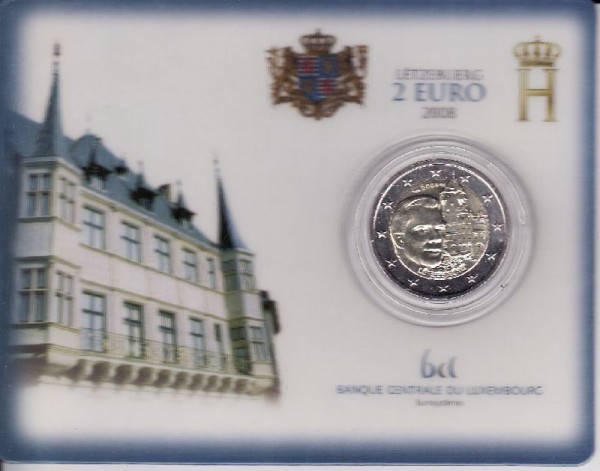 (afbeelding voor) 2 Euromunt Luxemburg 2008 BU in Coincard